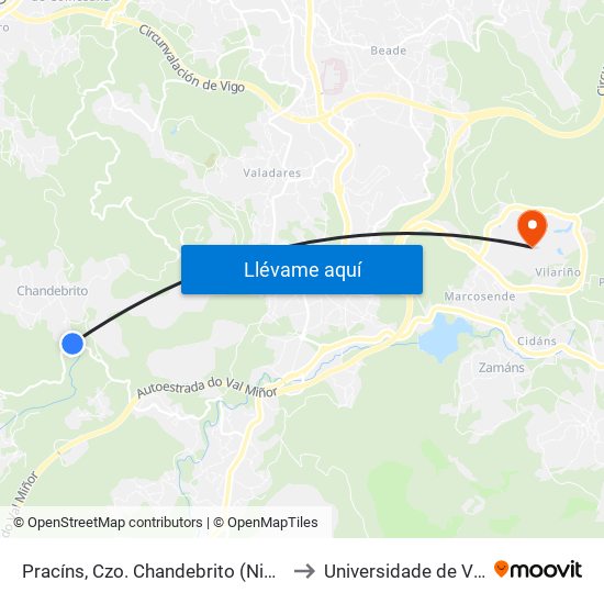 Pracíns, Czo. Chandebrito (Nigrán) to Universidade de Vigo map