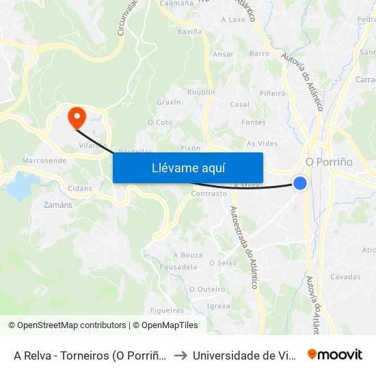 A Relva - Torneiros (O Porriño) to Universidade de Vigo map