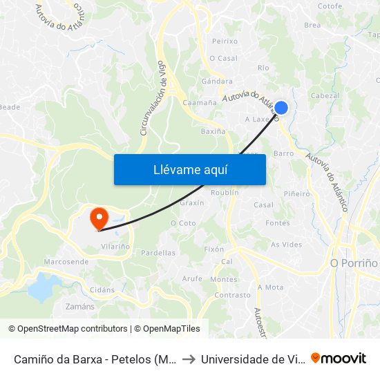 Camiño da Barxa - Petelos (Mos) to Universidade de Vigo map