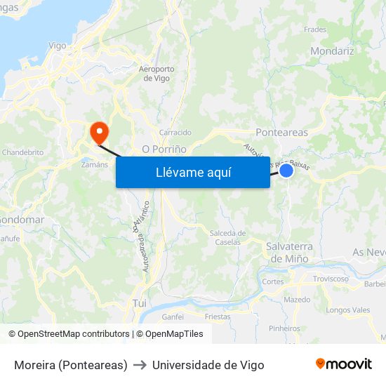 Moreira (Ponteareas) to Universidade de Vigo map