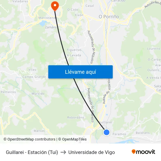 Guillarei - Estación (Tui) to Universidade de Vigo map