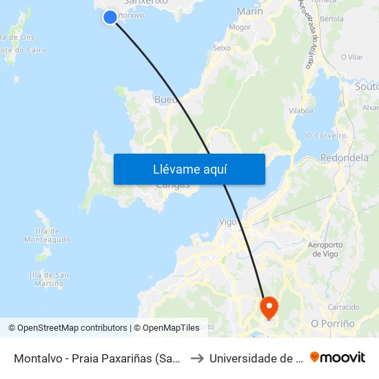 Montalvo - Praia Paxariñas (Sanxenxo) to Universidade de Vigo map