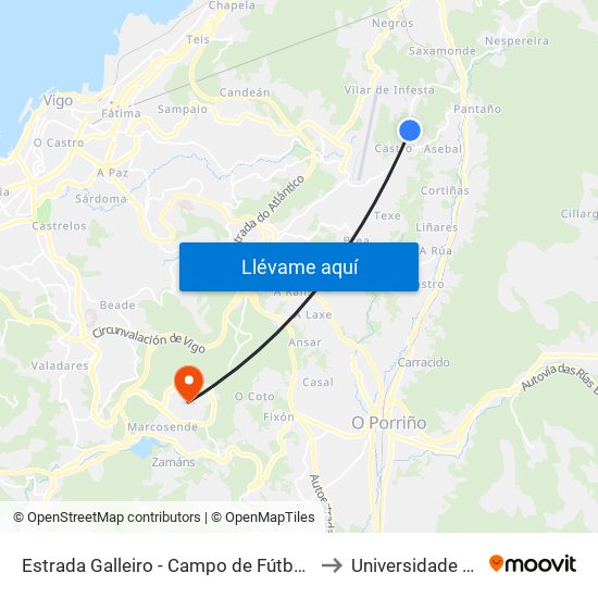 Estrada Galleiro - Campo de Fútbol (Redondela) to Universidade de Vigo map