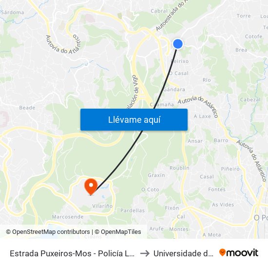 Estrada Puxeiros-Mos - Policía Local (Mos) to Universidade de Vigo map