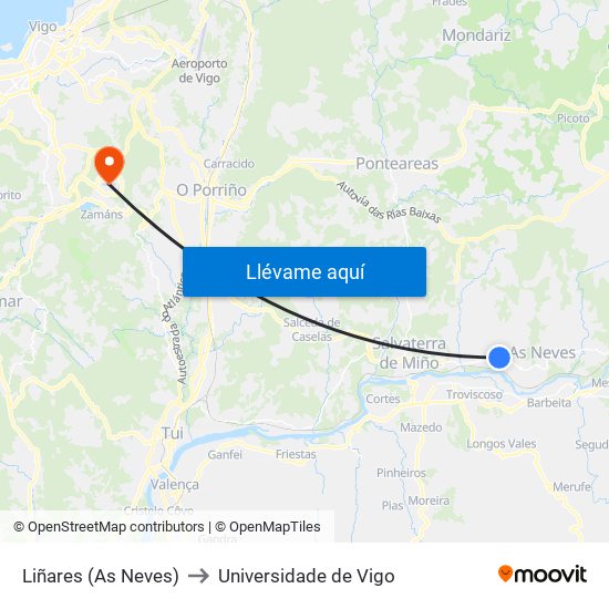 Liñares (As Neves) to Universidade de Vigo map