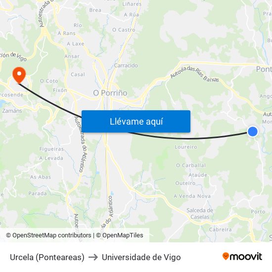 Urcela (Ponteareas) to Universidade de Vigo map