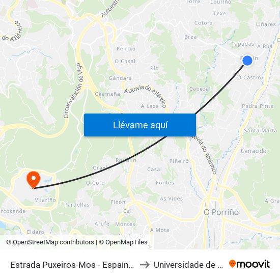 Estrada Puxeiros-Mos - Espaín (Mos) to Universidade de Vigo map