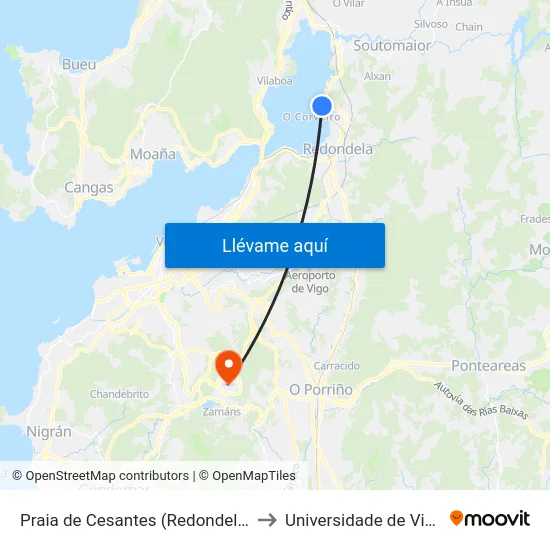 Praia de Cesantes (Redondela) to Universidade de Vigo map
