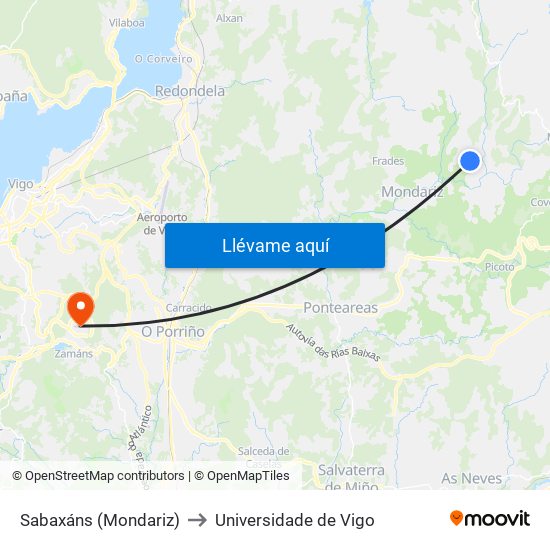 Sabaxáns (Mondariz) to Universidade de Vigo map