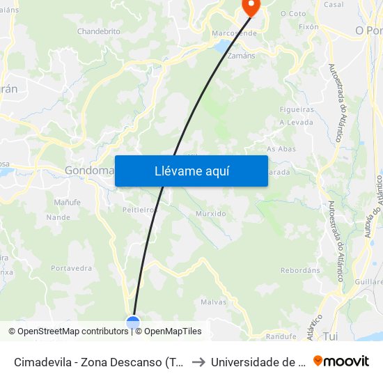 Cimadevila - Zona Descanso (Tomiño) to Universidade de Vigo map