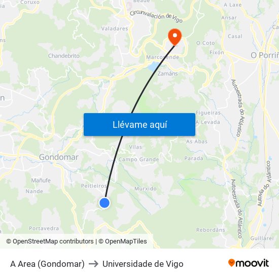 A Area (Gondomar) to Universidade de Vigo map