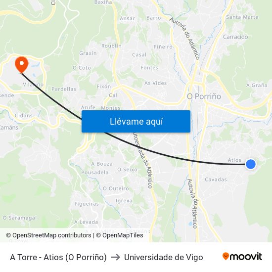 A Torre - Atios (O Porriño) to Universidade de Vigo map