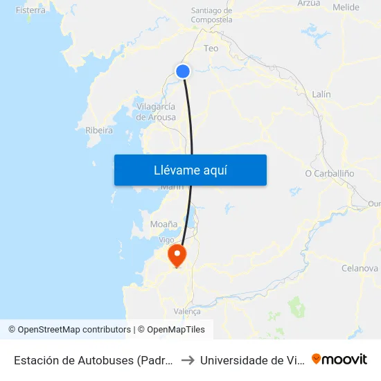 Estación de Autobuses (Padrón) to Universidade de Vigo map
