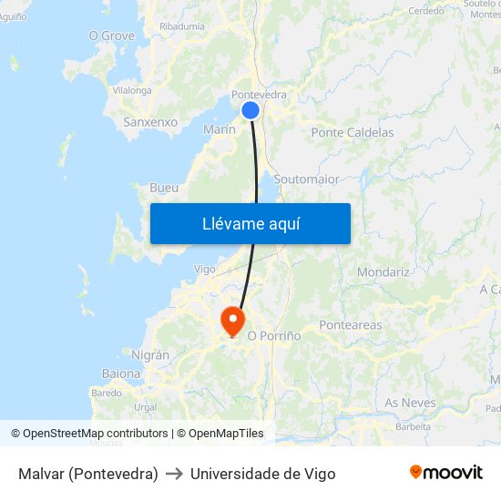 Malvar (Pontevedra) to Universidade de Vigo map