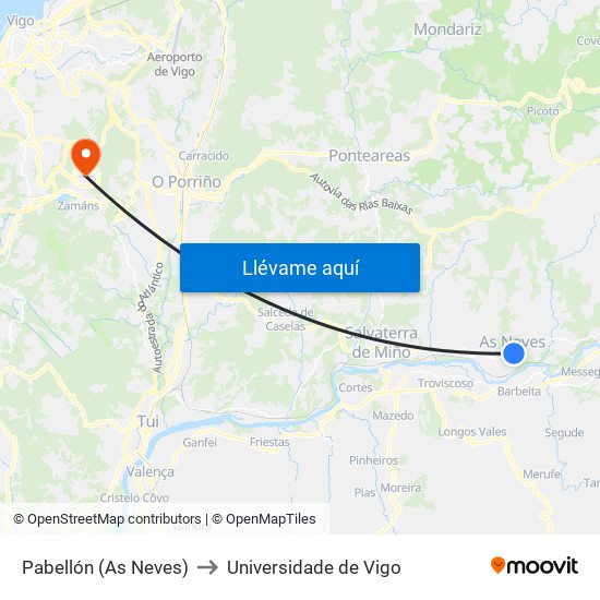 Pabellón (As Neves) to Universidade de Vigo map