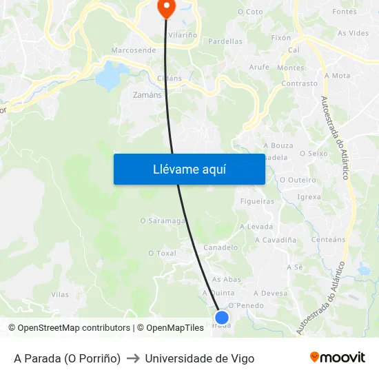 A Parada (O Porriño) to Universidade de Vigo map