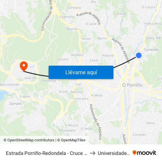 Estrada Porriño-Redondela - Cruce Quiringosta (Mos) to Universidade de Vigo map