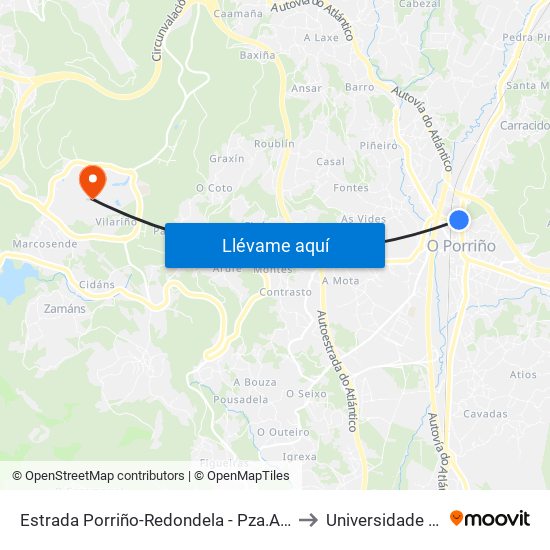 Estrada Porriño-Redondela - Pza.Angustias (Mos) to Universidade de Vigo map