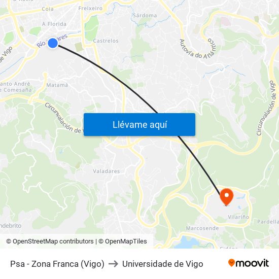 Psa - Zona Franca (Vigo) to Universidade de Vigo map