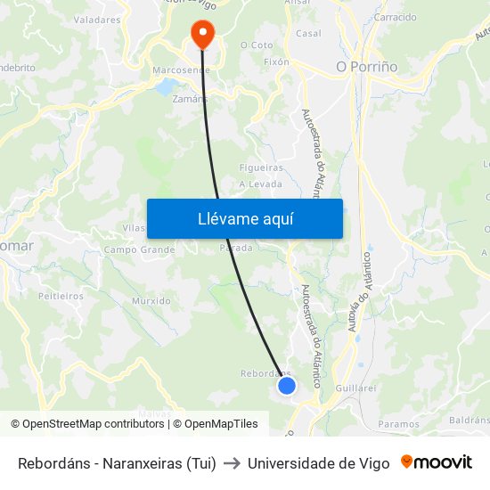 Rebordáns - Naranxeiras (Tui) to Universidade de Vigo map