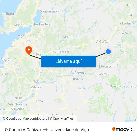 O Couto (A Cañiza) to Universidade de Vigo map