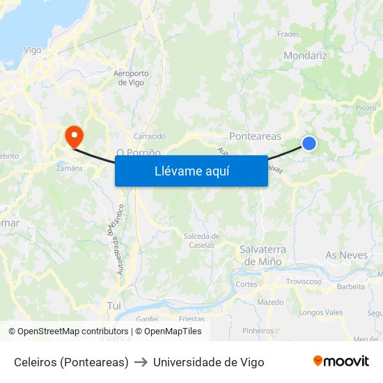 Celeiros (Ponteareas) to Universidade de Vigo map
