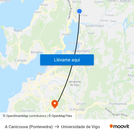 A Canicouva (Pontevedra) to Universidade de Vigo map