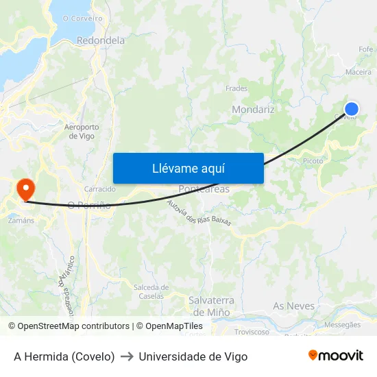 A Hermida (Covelo) to Universidade de Vigo map