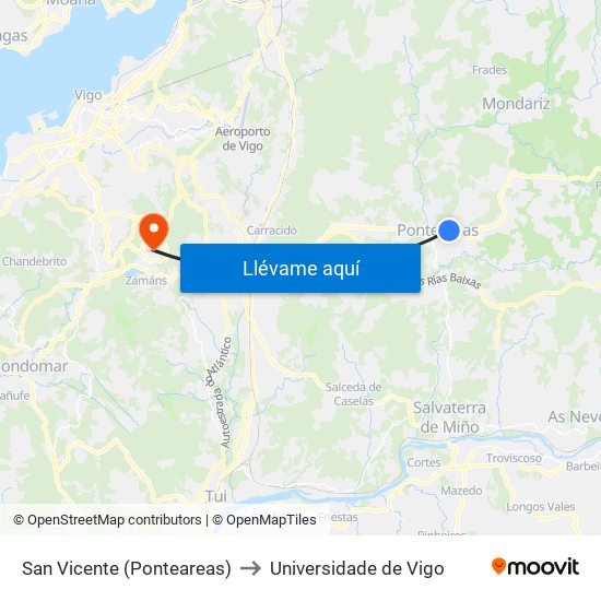 San Vicente (Ponteareas) to Universidade de Vigo map