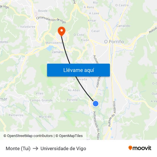 Monte (Tui) to Universidade de Vigo map