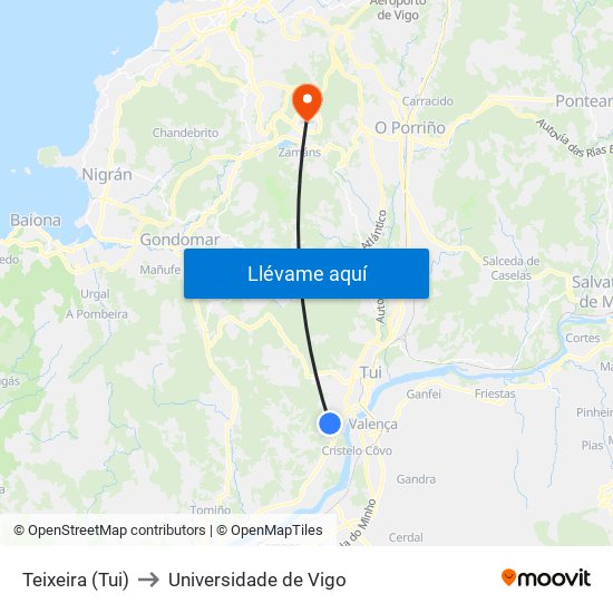 Teixeira (Tui) to Universidade de Vigo map