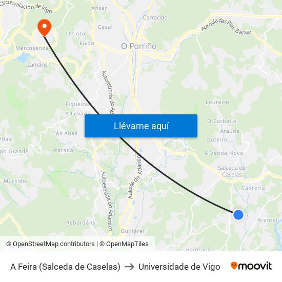 A Feira (Salceda de Caselas) to Universidade de Vigo map