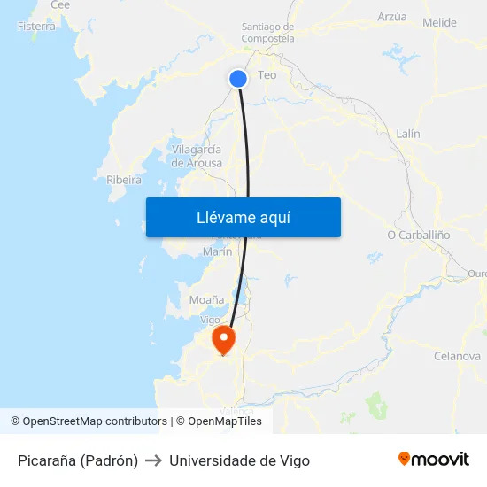 Picaraña (Padrón) to Universidade de Vigo map