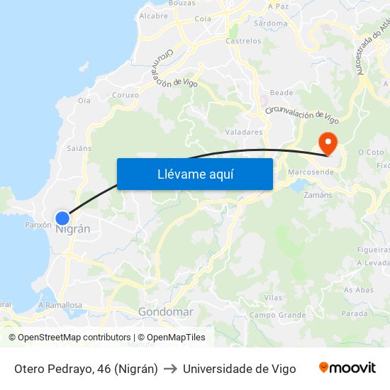 Otero Pedrayo, 46 (Nigrán) to Universidade de Vigo map