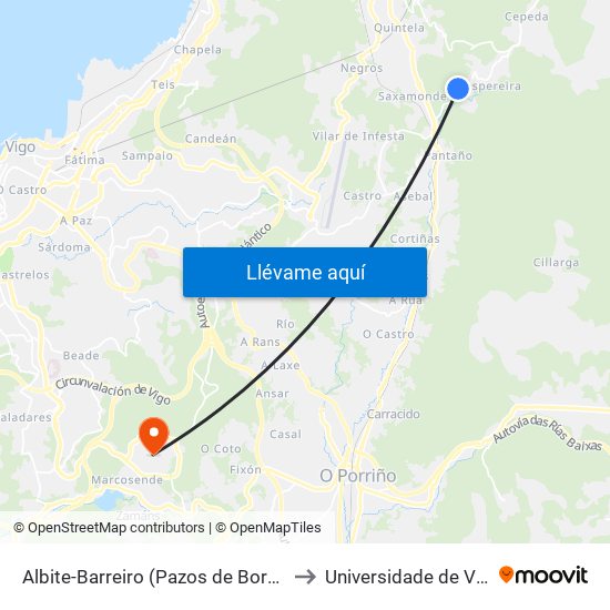 Albite-Barreiro (Pazos de Borbén) to Universidade de Vigo map