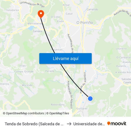 Tenda de Sobredo (Salceda de Caselas) to Universidade de Vigo map
