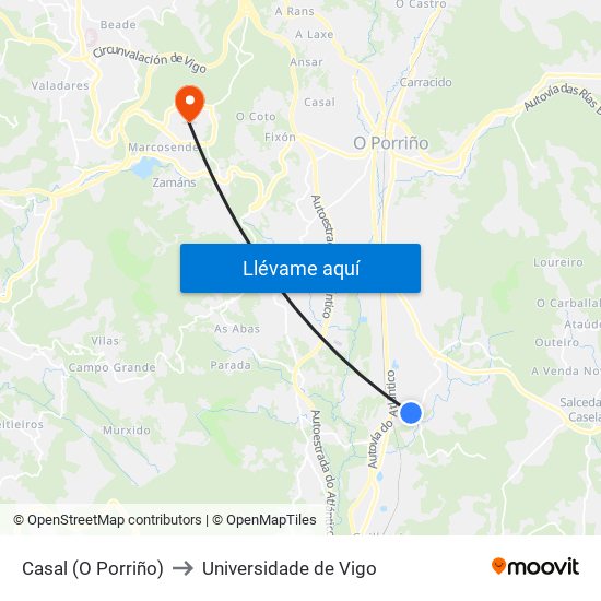 Casal (O Porriño) to Universidade de Vigo map