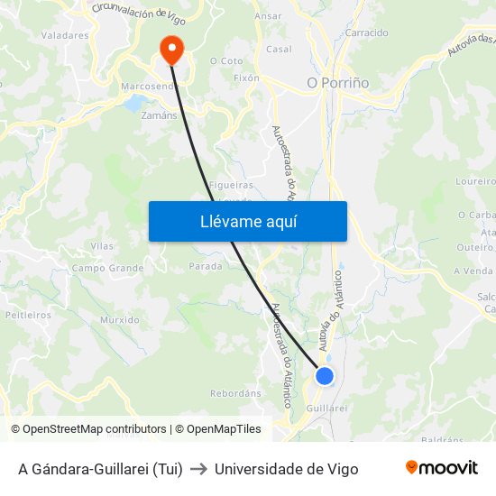 A Gándara-Guillarei (Tui) to Universidade de Vigo map
