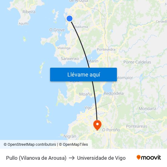 Pullo (Vilanova de Arousa) to Universidade de Vigo map