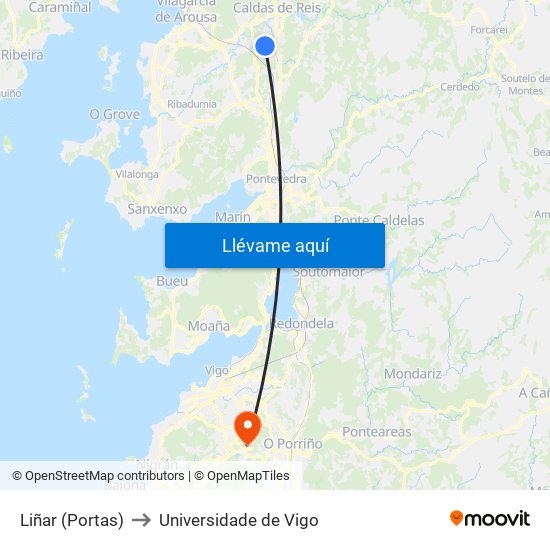 Liñar (Portas) to Universidade de Vigo map