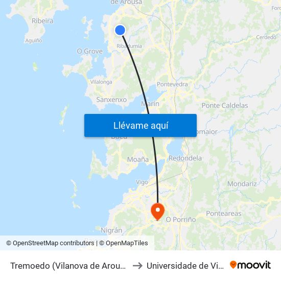 Tremoedo (Vilanova de Arousa) to Universidade de Vigo map