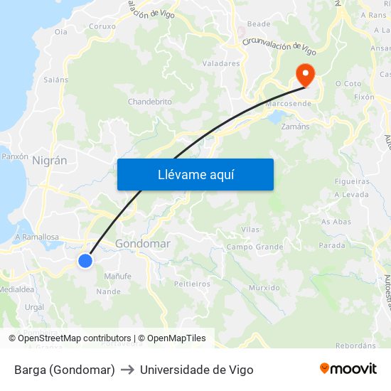 Barga (Gondomar) to Universidade de Vigo map