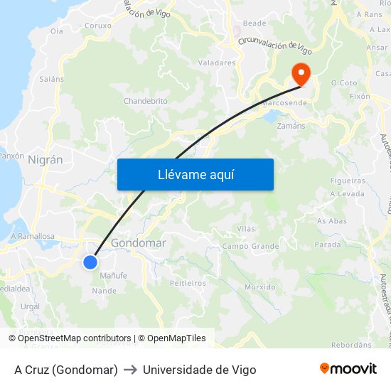 A Cruz (Gondomar) to Universidade de Vigo map