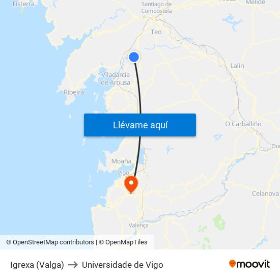 Igrexa (Valga) to Universidade de Vigo map