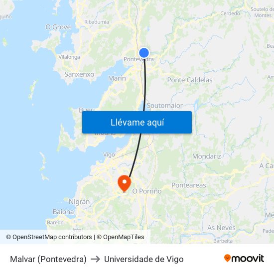 Malvar (Pontevedra) to Universidade de Vigo map