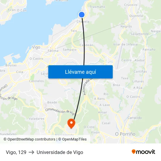 Vigo, 129 to Universidade de Vigo map