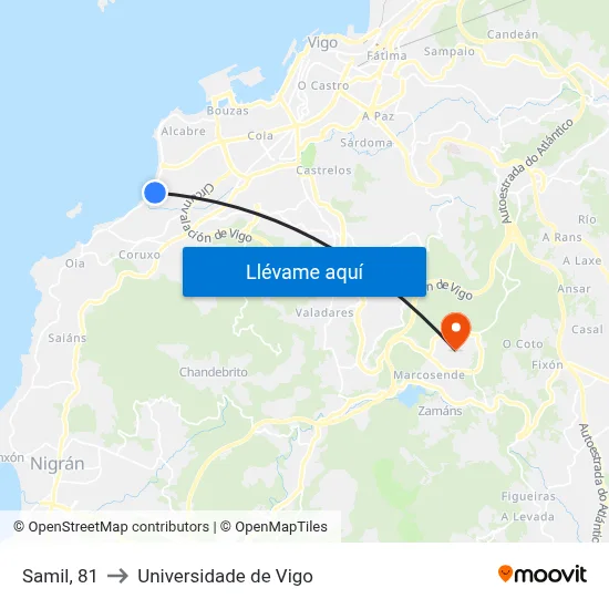 Samil, 81 to Universidade de Vigo map