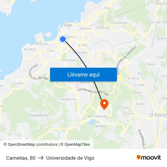 Camelias, 80 to Universidade de Vigo map