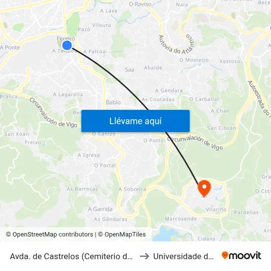 Avda. de Castrelos (Cemiterio de Pereiró) to Universidade de Vigo map