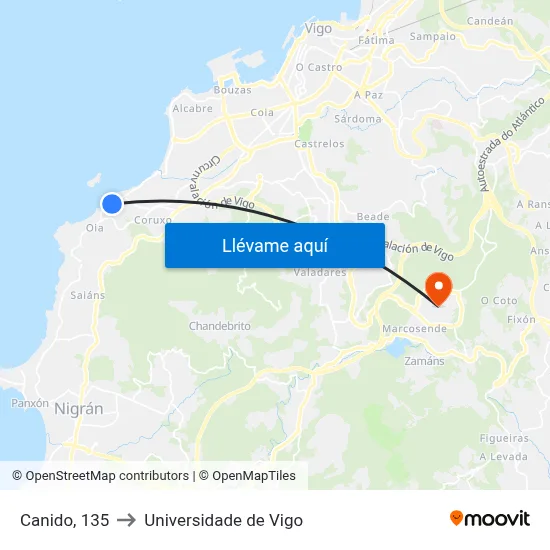 Canido, 135 to Universidade de Vigo map